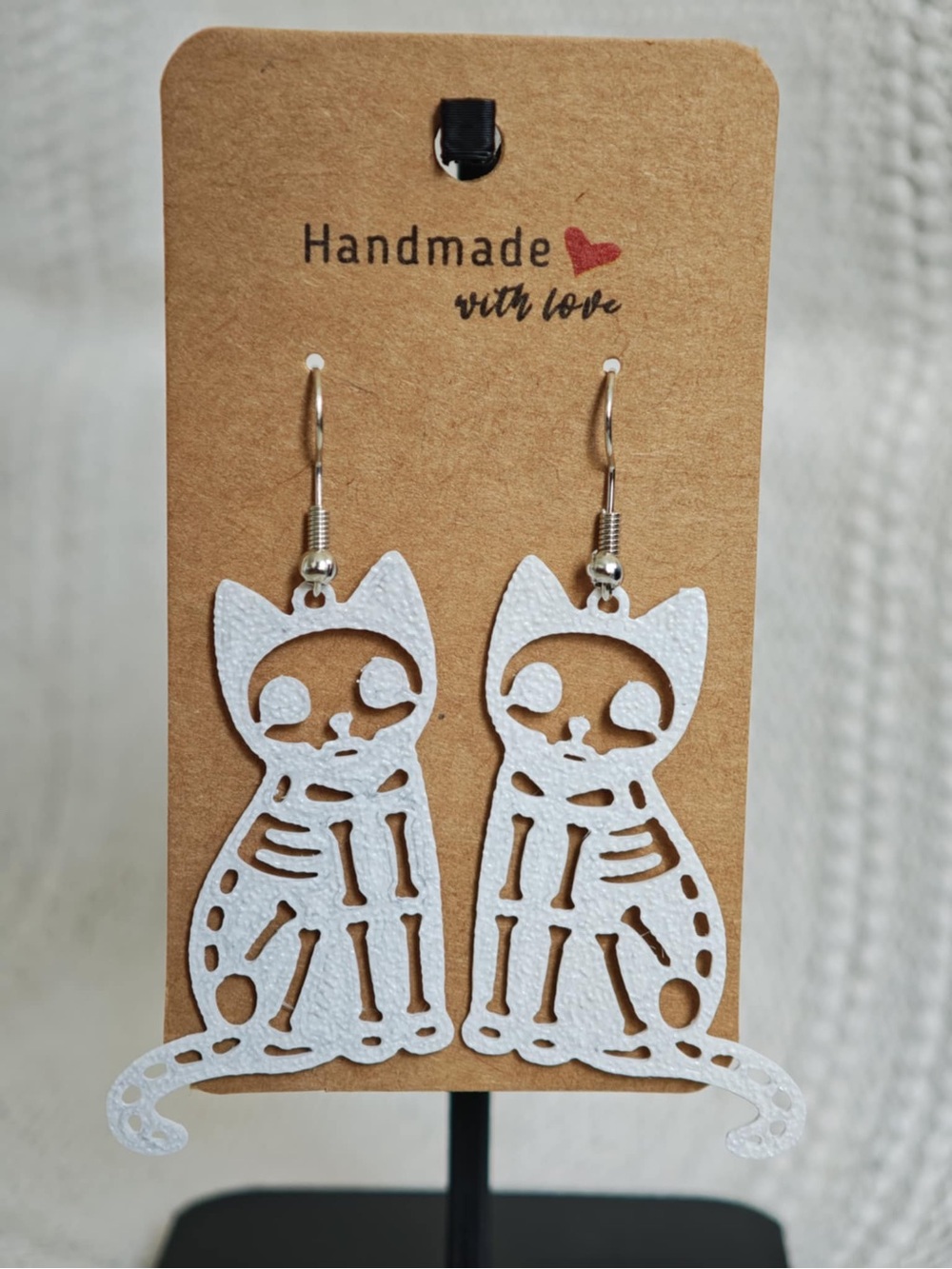 Handmade White Cat Skeleton Earrings for Pets Cat Lovers